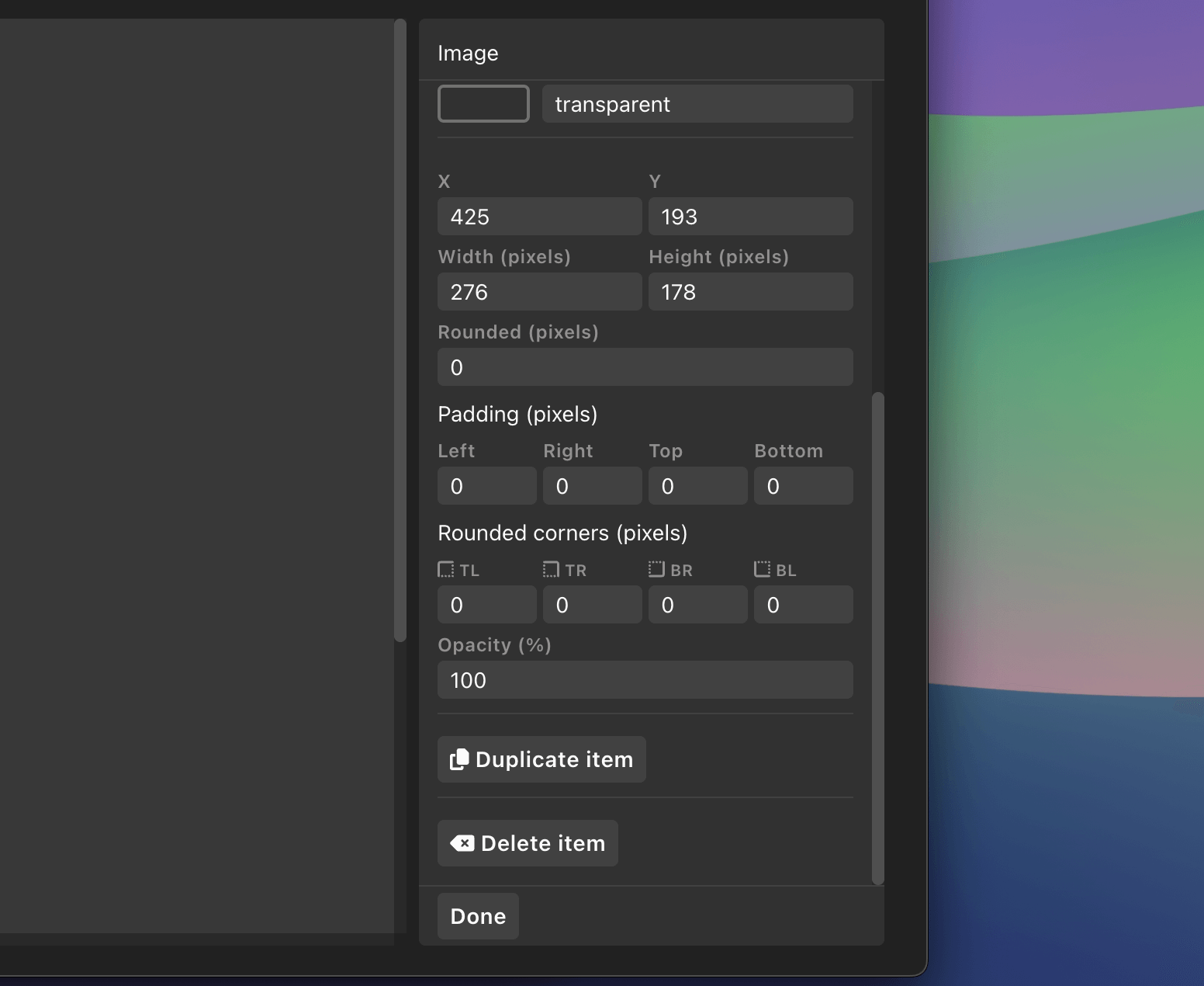 Sidebar showing text item settings