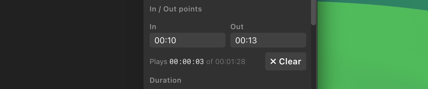 Setting in and out points on a video cue