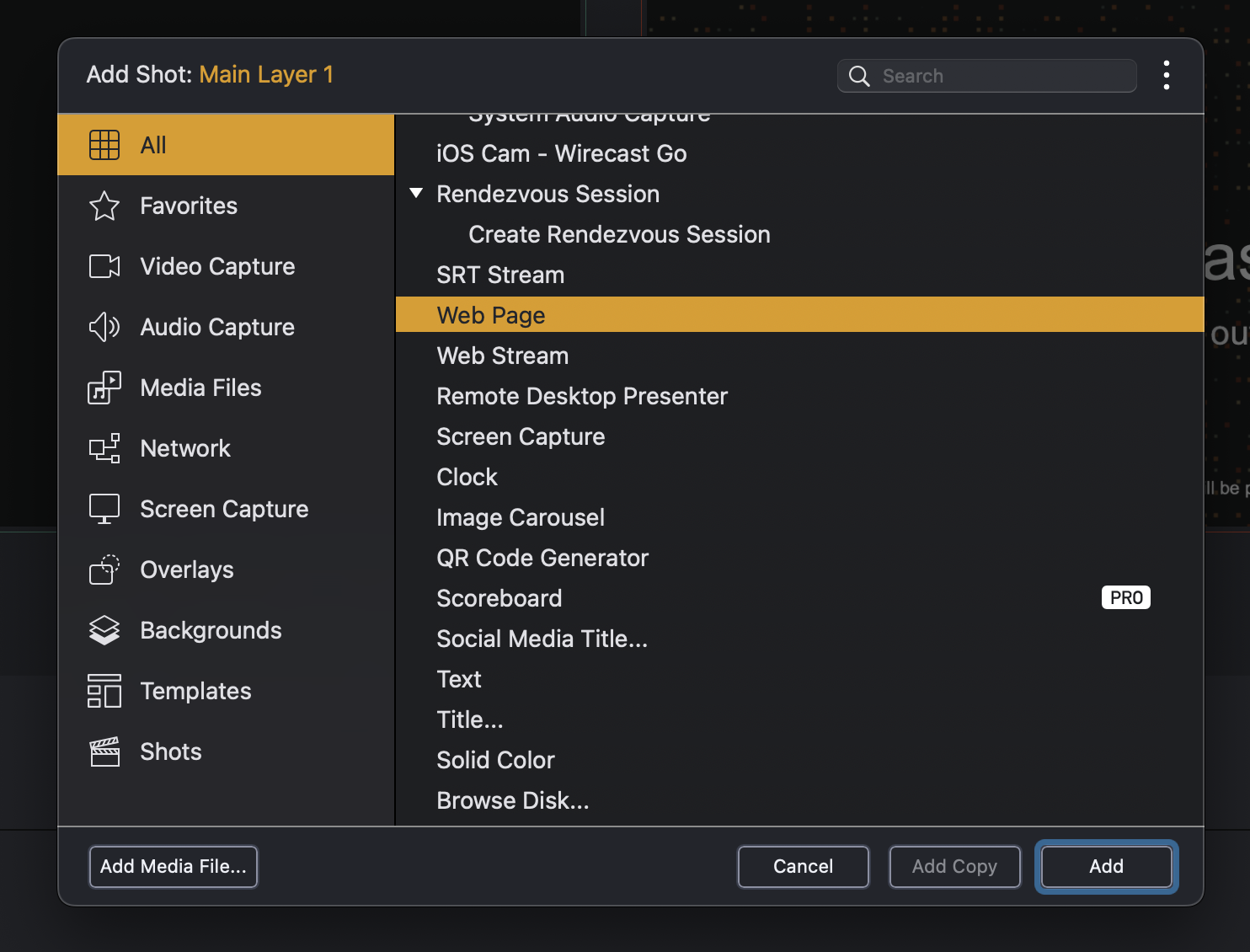 Web page input in Wirecast